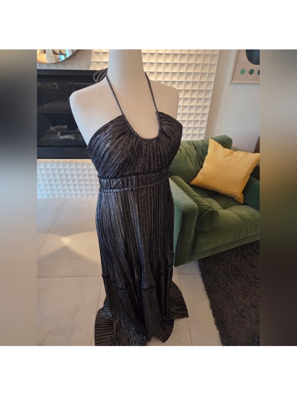A.L.C. Metallic Black Halter-Style Pleated Maxi Dress - Picture 5 of 9